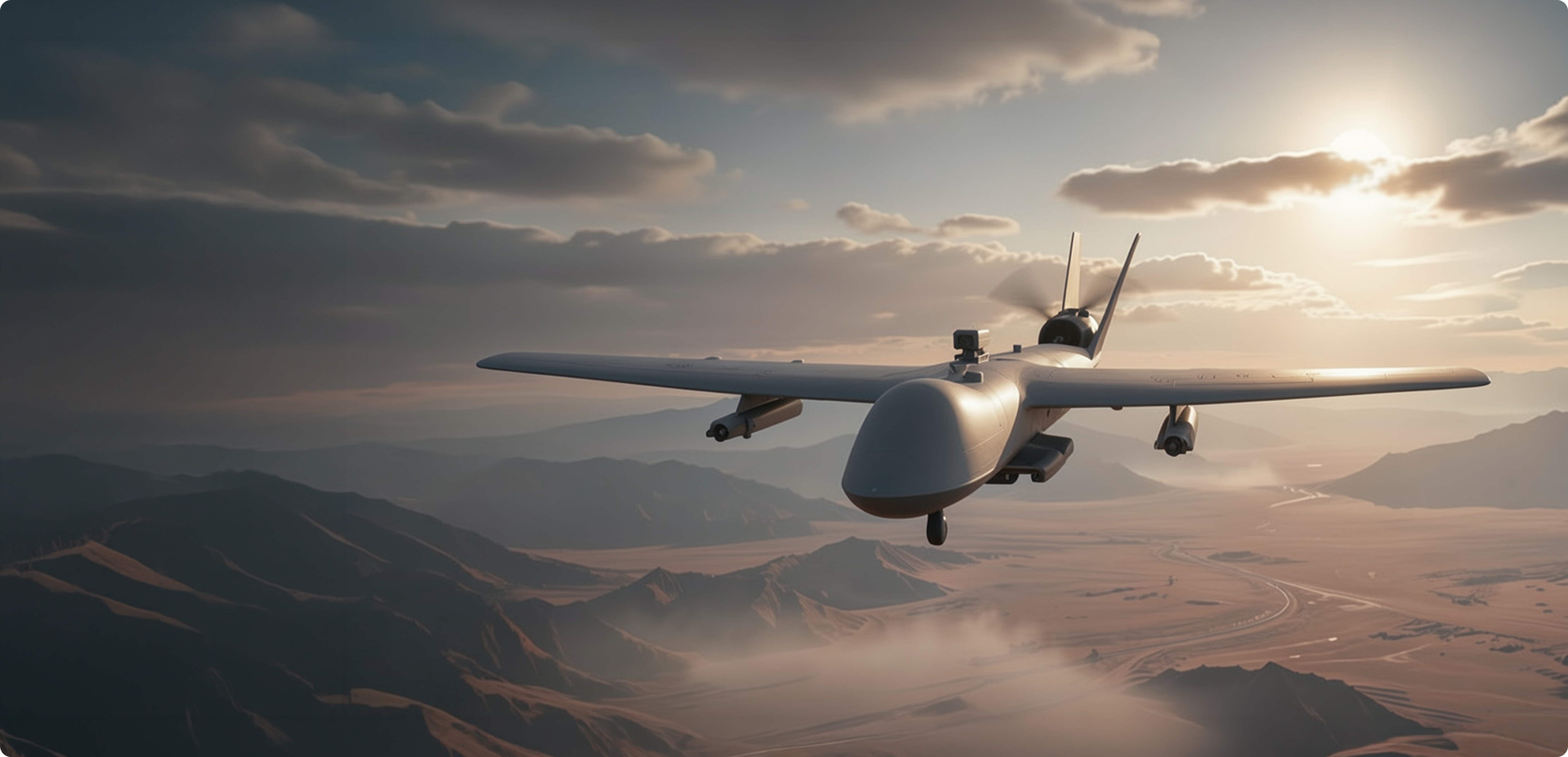 UQSD-70FV fixed-wing drone flying over desert terrain